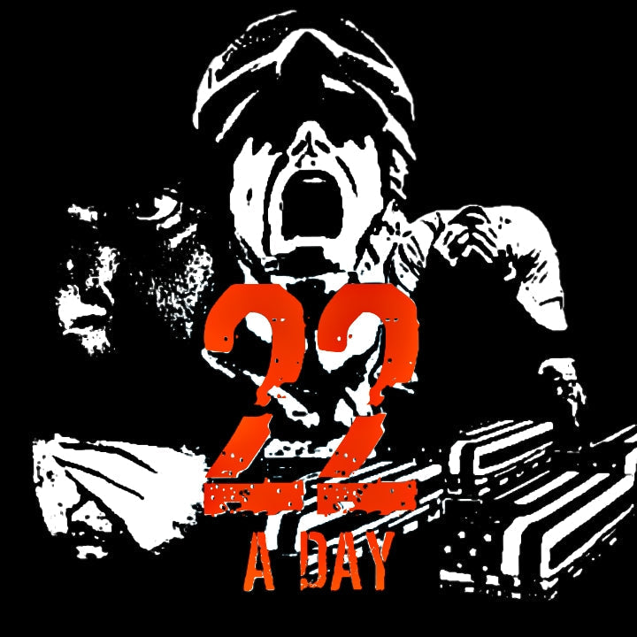 A distressed black-and-white graphic featuring emotional images of military veterans with a bold red “22 A DAY” message representing veteran suicide awareness and PTSD awareness among U.S. military veterans.