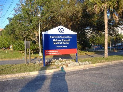Entrance sign for the Malcolm Randall VA Medical Center in Gainesville, Florida, representing Department of Veterans Affairs healthcare services and medical treatment for U.S. military veterans.