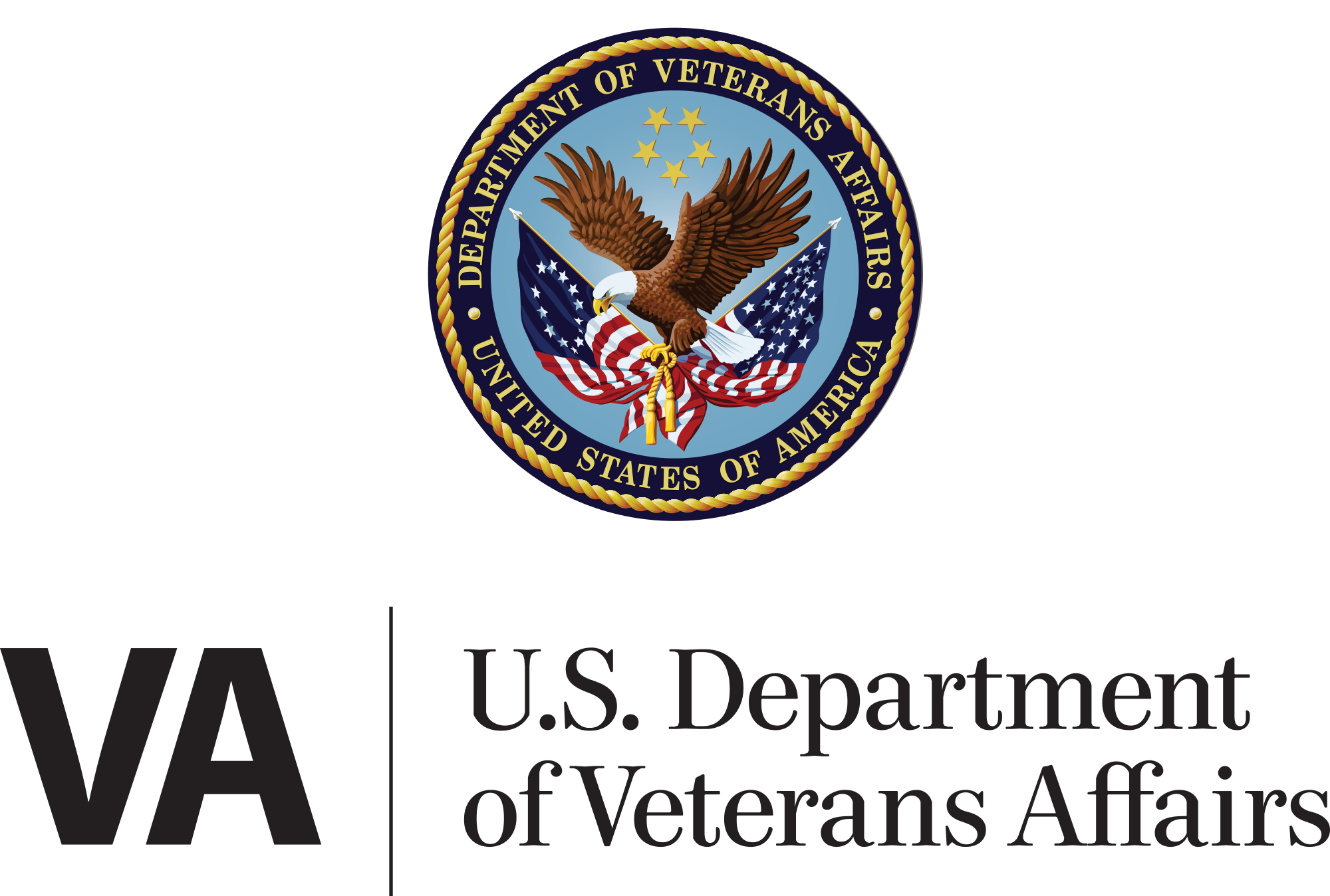 Official U.S. Department of Veterans Affairs logo featuring the VA seal with an eagle, American flags, and the text “U.S. Department of Veterans Affairs” on a black background.