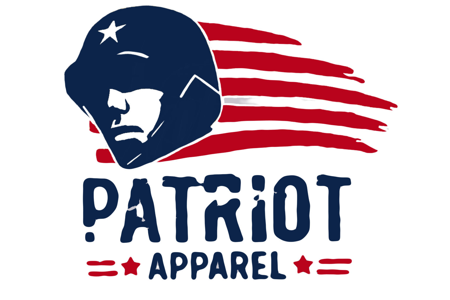 Patriot Apparel logo featuring a patriotic soldier silhouette in a military helmet with an American flag design in red, white, and blue above the Patriot Apparel brand name representing veteran-owned patriotic clothing and military apparel.