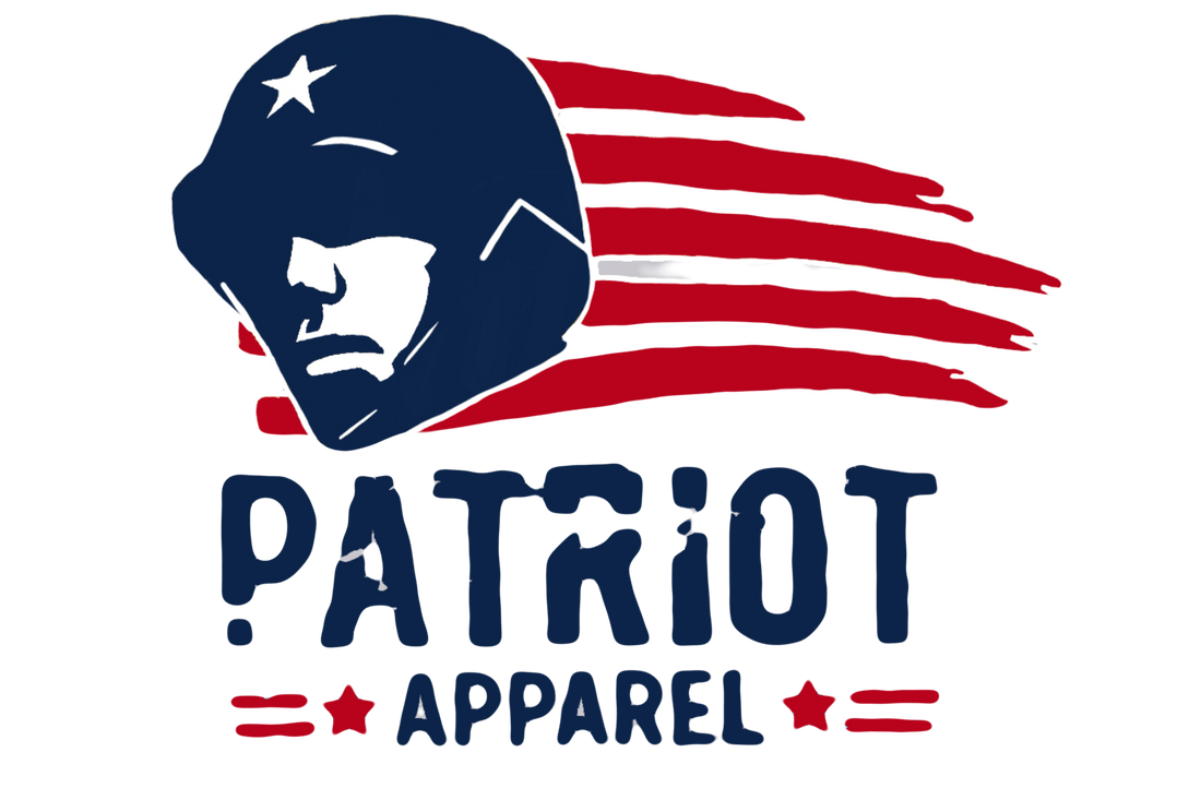 Patriot Apparel logo featuring a soldier silhouette in a military helmet with an American flag design in red, white, and blue above the Patriot Apparel name, representing veteran-owned patriotic clothing and military apparel.