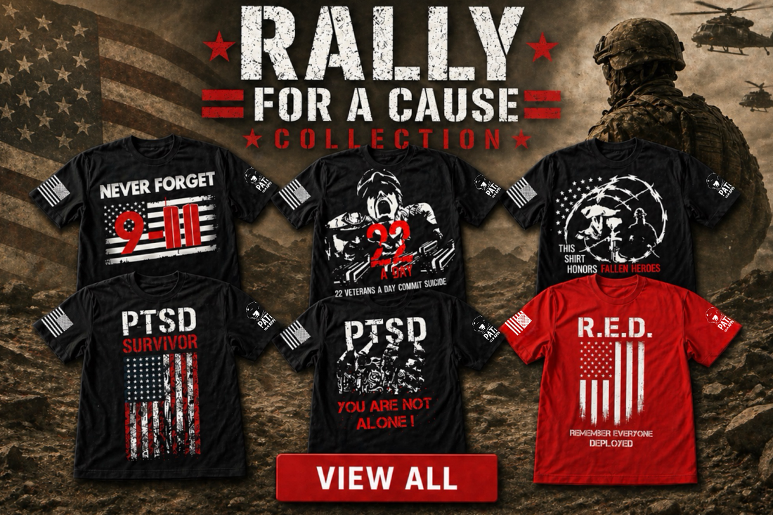 Patriot Apparel “Rally for a Cause” collection featuring patriotic military t-shirts supporting PTSD awareness, veteran suicide prevention, 9/11 remembrance, fallen heroes, and deployed troops with bold American flag and military-themed designs.