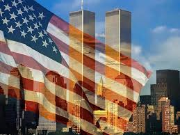 American flag overlaying the Twin Towers of the World Trade Center in New York City before the September 11, 2001 terrorist attacks, symbolizing patriotism, remembrance, and honoring the victims of 9/11.
