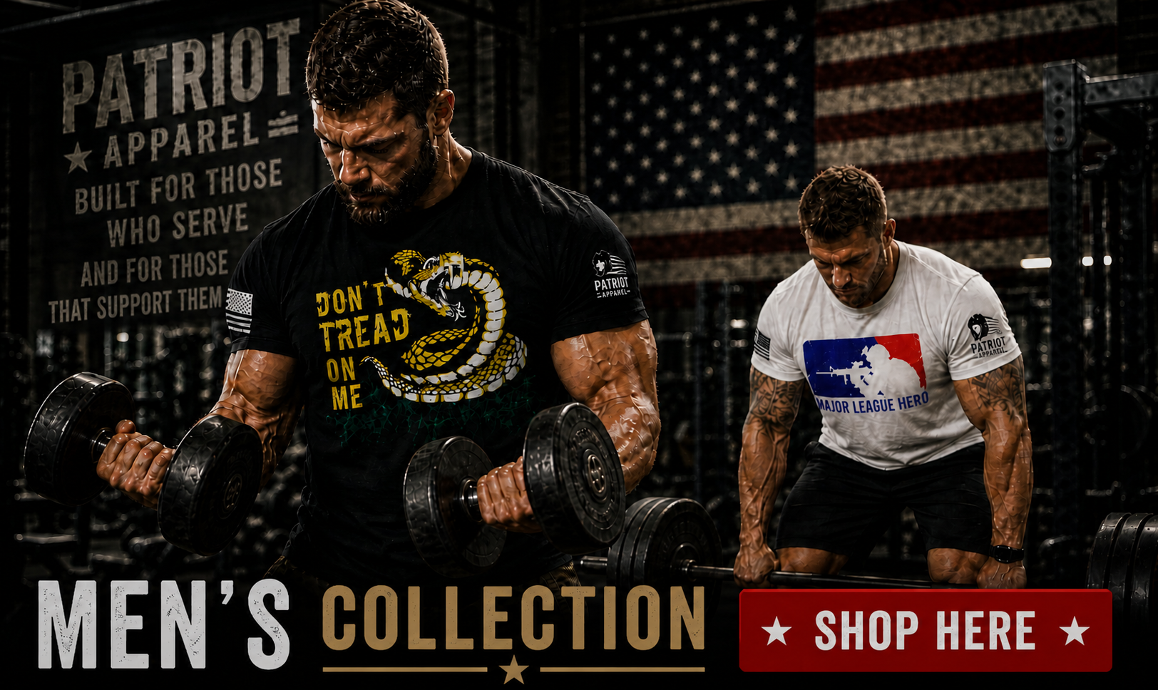 Two muscular men wearing Patriot Apparel patriotic t-shirts work out with weights in a gym in front of an American flag, promoting the Patriot Apparel men’s collection and military-inspired fitness apparel.