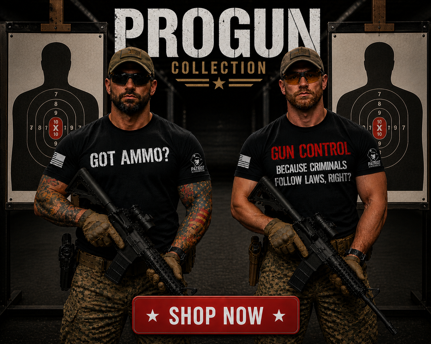 Two men wearing patriotic pro-gun t-shirts and tactical gear stand at an indoor shooting range holding rifles beneath a “ProGun Collection” banner promoting Patriot Apparel’s Second Amendment clothing collection.
