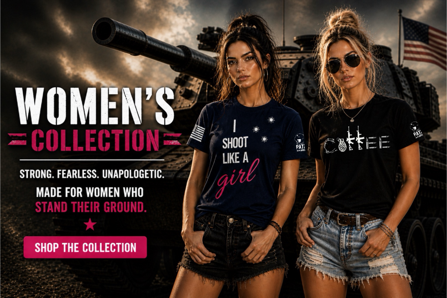 Two women wearing Patriot Apparel patriotic graphic t-shirts stand in front of a military tank and American flag, promoting the Patriot Apparel women’s collection for strong and fearless patriotic women.