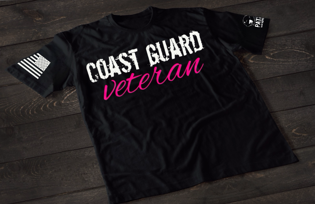 Black Coast Guard Veteran women’s T-shirt featuring bold white and pink military service text graphic design on the front