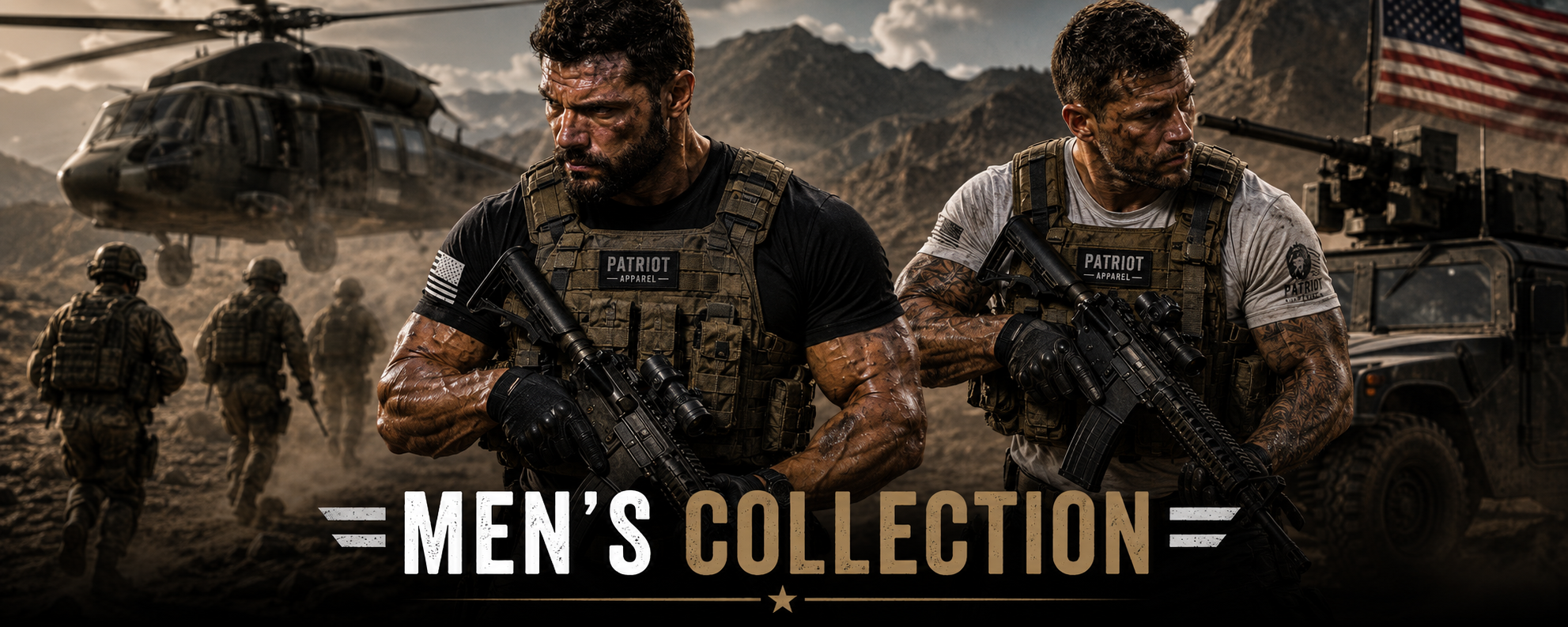 Two muscular military-style men wearing tactical vests and carrying rifles stand in a rugged combat environment with helicopters, armored vehicles, soldiers, mountains, and an American flag in the background. The cinematic scene features dramatic lighting and the bold “MEN’S COLLECTION” title centered at the bottom of the banner.
