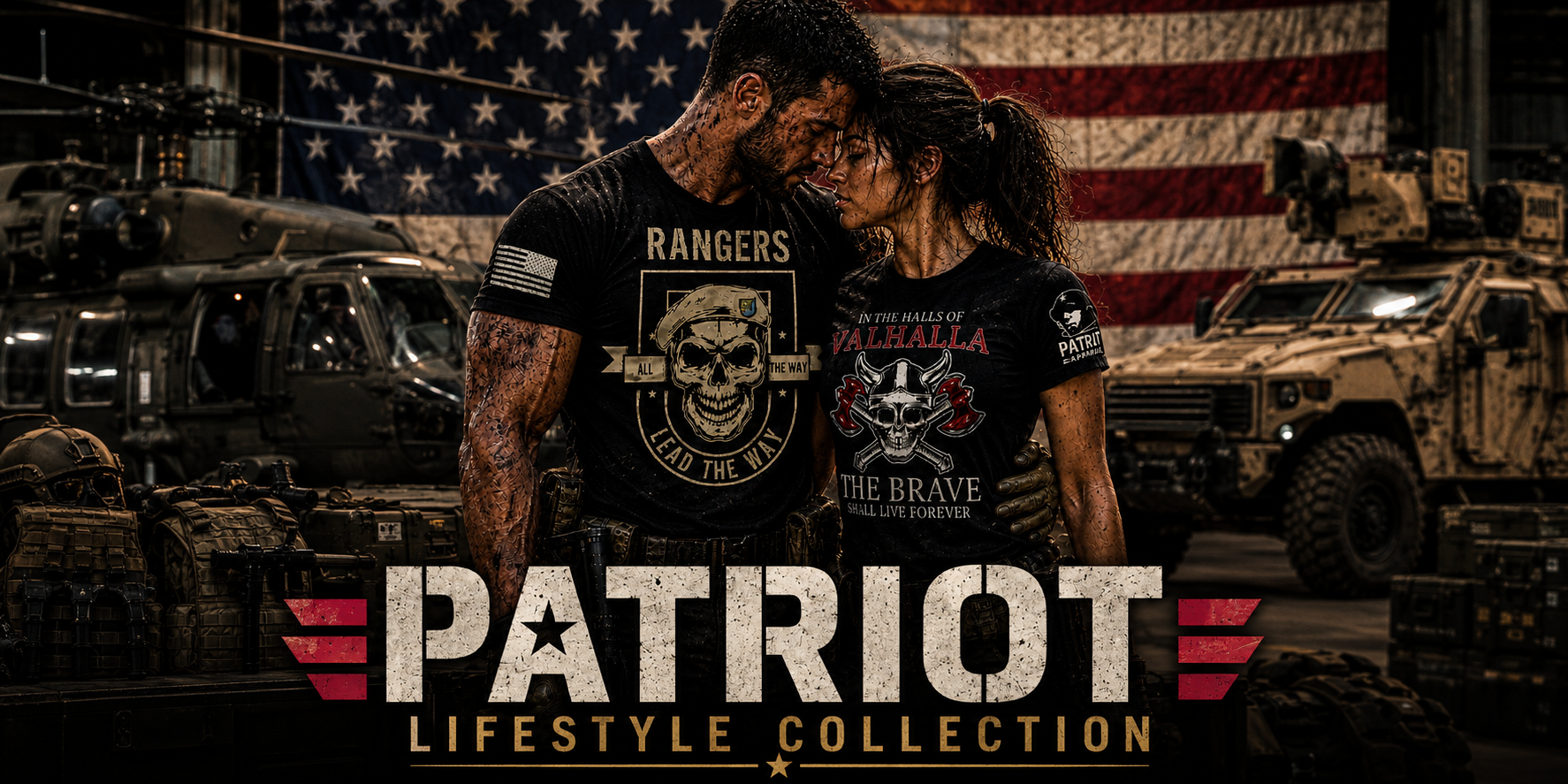 A rugged man and woman stand closely together in front of a large American flag inside a military-style setting filled with tactical vehicles, helicopters, and combat gear. Both wear patriotic graphic shirts and tactical accessories while the bold “PATRIOT LIFESTYLE COLLECTION” title appears prominently across the bottom of the cinematic banner.