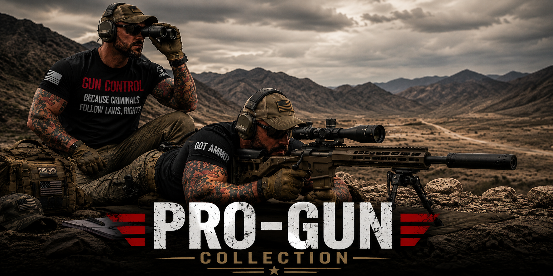 Two rugged military-style men are positioned at an outdoor desert shooting range under a cloudy sky. One man lies in the prone position aiming a long-range sniper rifle while the other acts as a spotter using binoculars. The scene features tactical gear, rocky terrain, and mountains in the background with the bold “PRO-GUN COLLECTION” title centered at the bottom of the image.